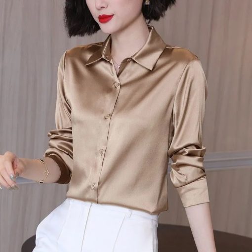 variant image0Brand Quality Luxury Women Shirt Elegant Office Button Up Long Sleeve Shirts Momi Silk Crepe Satin
