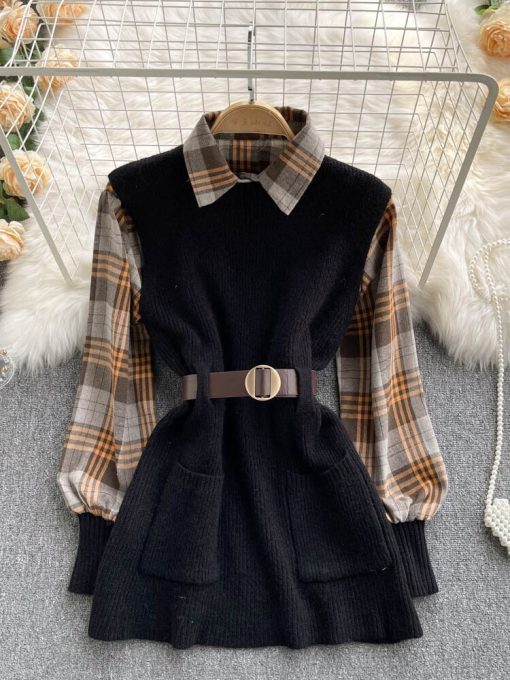 variant image0DEAT Two piece Shirt Chic Plaid Shirt Knitted Sweater Vest Lace Up Waist 2022 Autumn New