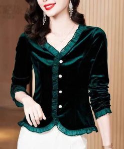 variant image0Elegant V Neck Button Folds Lace Ruffles Shirt Women s Clothing 2022 Autumn New Oversized Casual