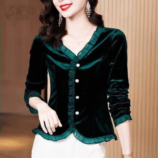 variant image0Elegant V Neck Button Folds Lace Ruffles Shirt Women s Clothing 2022 Autumn New Oversized Casual