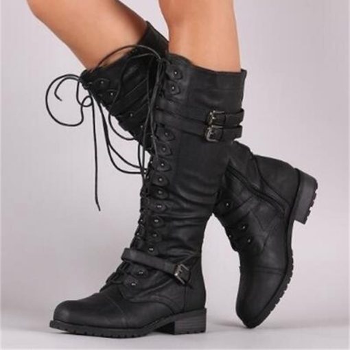 variant image0Knee High Women Boots Autumn woman shoes Winter Lace Up Vintage Flat Shoes Sexy Steampunk Leather