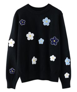 variant image0Korean Floral Emobroidery Pullover Sweater High Quality Women Elegant O Neck Knitted Tops C 089