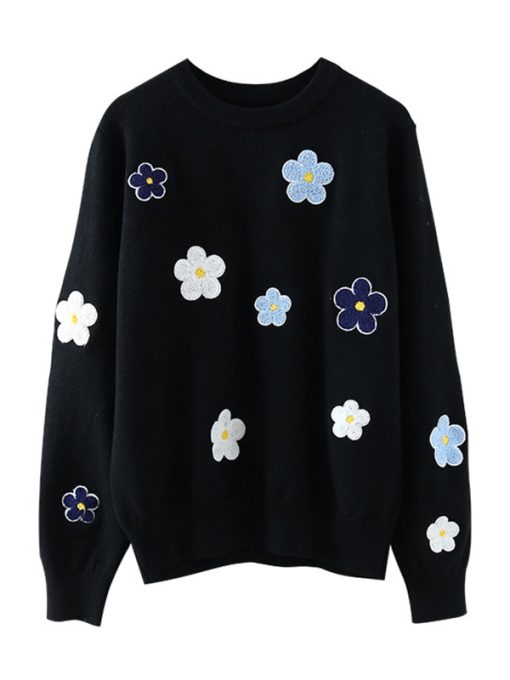 variant image0Korean Floral Emobroidery Pullover Sweater High Quality Women Elegant O Neck Knitted Tops C 089