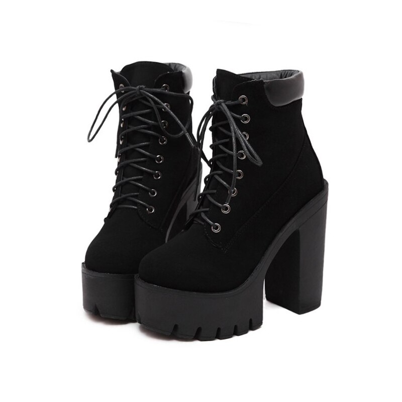 Women’s Autumn Winter Lace Up Thick High Heel Platform Ankle Boots – Miggon