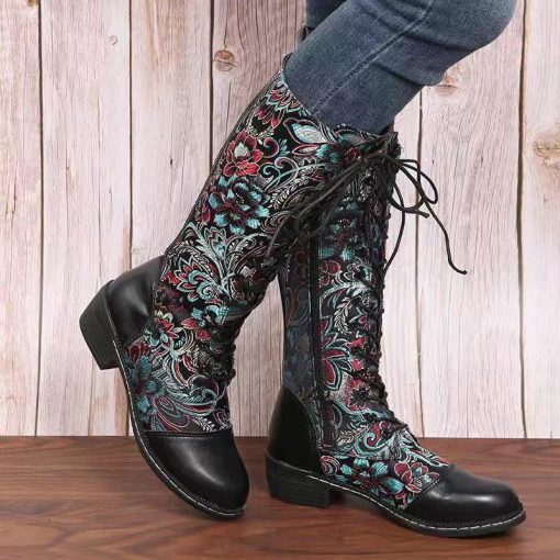 variant image0New Leac Up Embroidery Flowers Knee High Boots Women Ethnic Retro Chunky Heel Large Size Knight