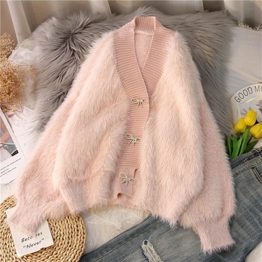 variant image0Pink Faux Mink Cashmere Sweater Coat Short Women s Cardigan Autumn Winter Puff Sleeve knitted jackets