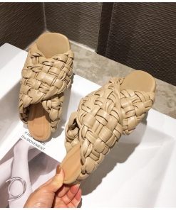variant image0SUOJIALUN Summer Women Slipper Brand Weave Ladies Sandal Shoes Low Open Toe Flat Casual Slides Beach