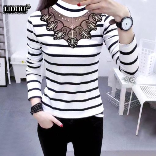 variant image0Spring Autumn Turtleneck Long Sleeved Slim T shirts Fashion New Hollow Out Striped Skinny Casual Trend