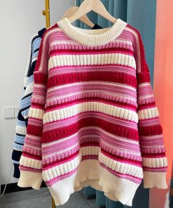 variant image0Striped Sweaters 2022 New Autumn Winter Knitted Loose Pullover Tops Puff Sleeve O Neck Streetwear Women
