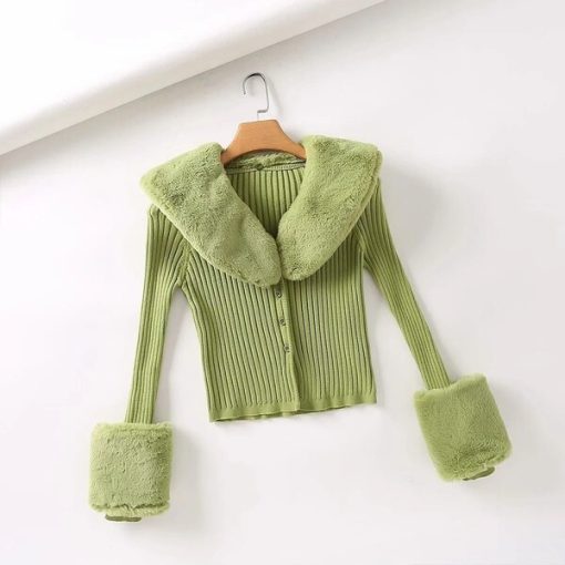variant image0TVVOVVIN Winter Removable Rabbit Fur Collar Long Sleeve Screw Thread Knitting Short Cardigan Sweater For Women