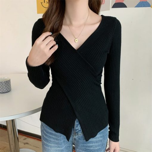 variant image0V Neck Women Crossed Cropped Sweater Female Long Sleeve 2021 New Autumn Solid Knitted Slim Ladies