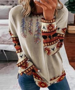 variant image0Vintage Print Round Neck Sweatshirt Womens Blouse Indian Feather Aztec Printed Long Sleeve Pullover Fall Long