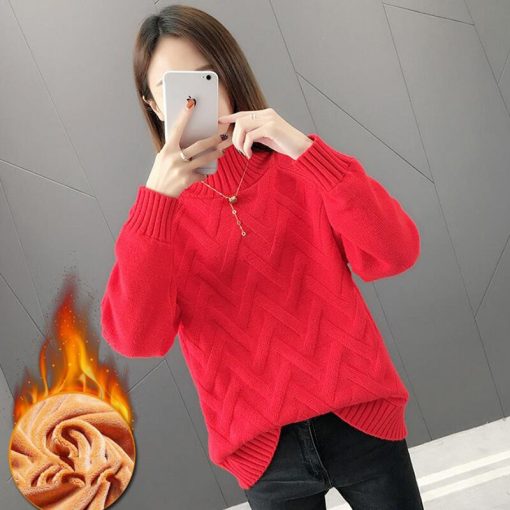 variant image0Winter Thicken Plus Velvet Sweaters For Women Casual Warm Knit Pullovers Korean Fleece Lined Knitwear Ribbed
