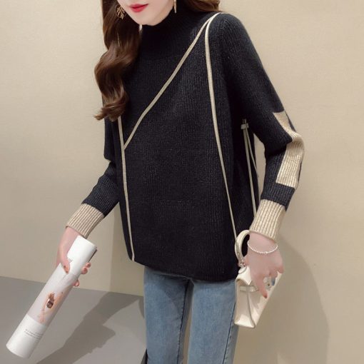 variant image0Winter Turtleneck Fashion Loose Solid Color Striped Long Sleeved Knitting T shirts Casual Korean Comfortable Women