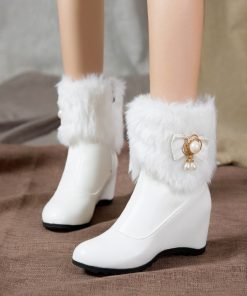 variant image0Women Boots Autumn Winter Warm Fur Height Increasing Ankle Pu Snow Boots Round Toe Pearl Patchwork