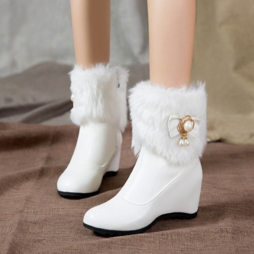 variant image0Women Boots Autumn Winter Warm Fur Height Increasing Ankle Pu Snow Boots Round Toe Pearl Patchwork