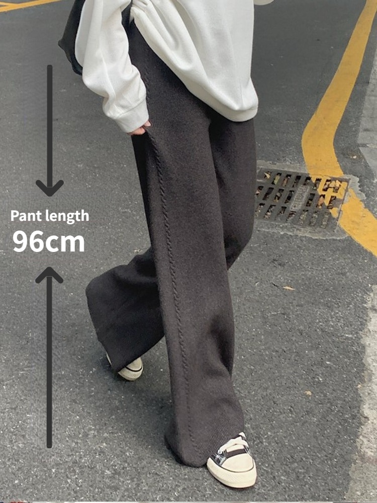 variant image0Women Pants Casual Warm Loose Knitted Wide Leg Pants High Waist Soft Waxy Comfortable Fashion Straight
