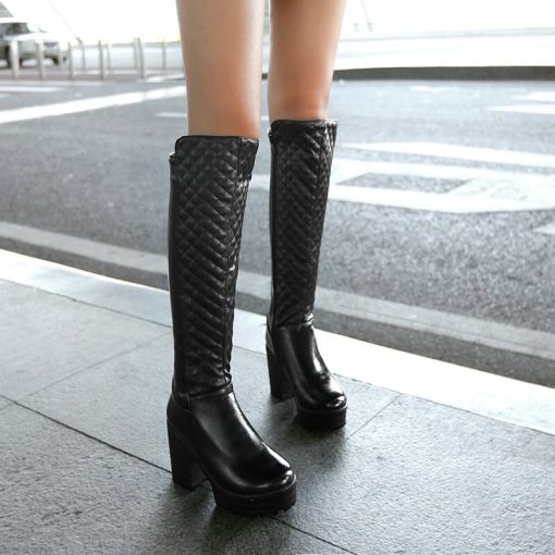 variant image0Women Shoes Winter Plush Square High Heel Knee High Boots Fashion Platform Zipper Boots Round Toe