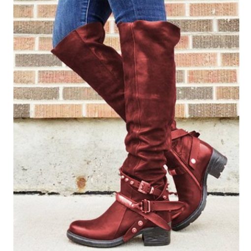 variant image0Women Winter Leather Punk style knee boots Vintage stud zip Women s boots with belt buckle