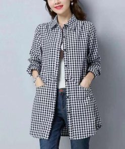 variant image0Women s Oversize Plaid Shirt With Pockets Ladies Fashion Elegant Blouses 2021 Long Sleeve Top Korean
