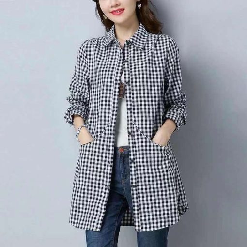variant image0Women s Oversize Plaid Shirt With Pockets Ladies Fashion Elegant Blouses 2021 Long Sleeve Top Korean