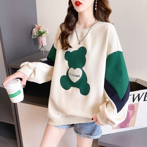 variant image0Women s Thin Oversized Sweatshirts Casual O neck Loose Pullover Harajuku Girls Cute Bear Appliques Off