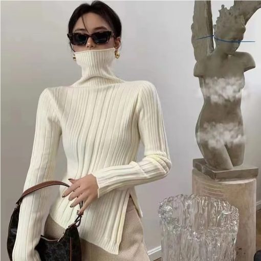 variant image0Women s Turtleneck Sweater 2022 Autumn Winter Side Slit Pullover Tops Knit Sweaters Korean Fashion Slim
