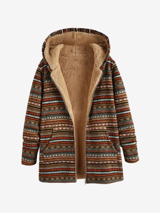 variant image0ZAFUL Ethnic Print Faux Fur Lined Hooded Zip Coat Female Long Fuzzy Jacket Winter Clothes Women