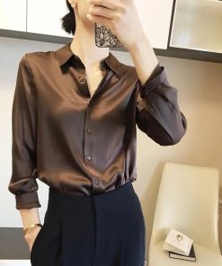 variant image10Brand Quality Luxury Women Shirt Elegant Office Button Up Long Sleeve Shirts Momi Silk Crepe Satin