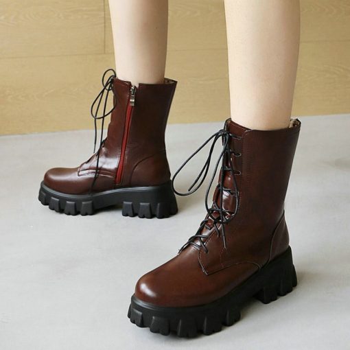 variant image12021 Women Ankle Boots Platform Square Heel Ladies Short Boots PU Leather Round Toe Side Zipper