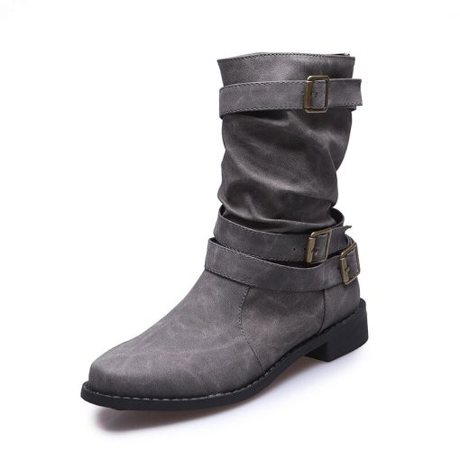 variant image12022 Women Boots Leather Round Toe Retro Buckle Mid Calf Boots Fashion Low Heel Motorcycle Booties