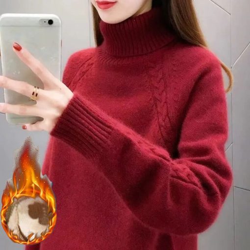 variant image13Sweater Women s Turtleneck and Velvet Knitwear Pullover Pure Color Korean Fluffy Trending Sweater Autumn and
