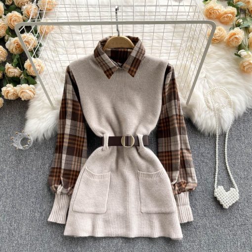 variant image1DEAT Two piece Shirt Chic Plaid Shirt Knitted Sweater Vest Lace Up Waist 2022 Autumn New