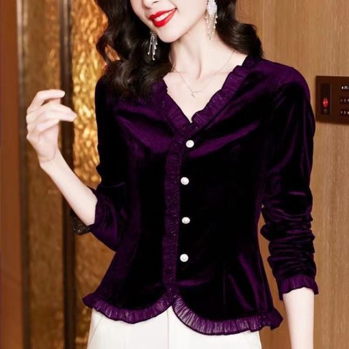 variant image1Elegant V Neck Button Folds Lace Ruffles Shirt Women s Clothing 2022 Autumn New Oversized Casual