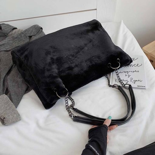 variant image1Faux Fur Women Shoulder Bag Casual Plush Lady Tote Handbag Fashion Chain Larger Capacity Shopping Bag