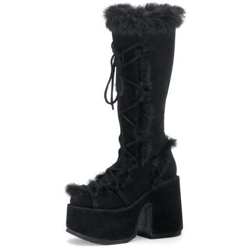 variant image1GIGIFOX Black Furry Platform Chunky High Heeled Winter Autumn Knee High Boots Women Faux Fur Zip