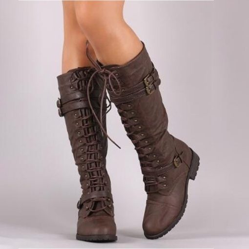 variant image1Knee High Women Boots Autumn woman shoes Winter Lace Up Vintage Flat Shoes Sexy Steampunk Leather