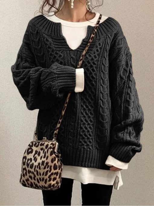 variant image1Knitted Sweater Women Fashion Chic Pullovers Sweet Basic Casual Loose Long Sleeve V Neck Knitwear Tops