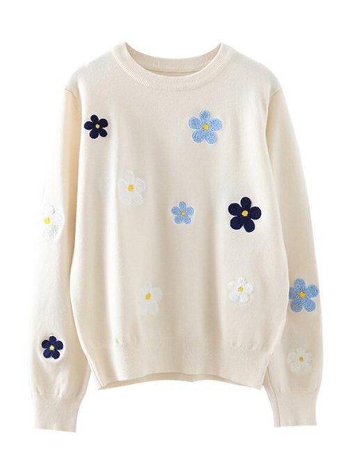 variant image1Korean Floral Emobroidery Pullover Sweater High Quality Women Elegant O Neck Knitted Tops C 089