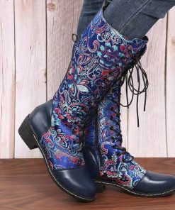 variant image1New Leac Up Embroidery Flowers Knee High Boots Women Ethnic Retro Chunky Heel Large Size Knight