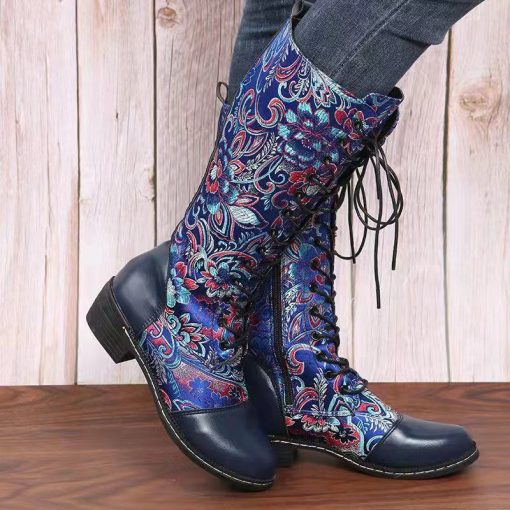 variant image1New Leac Up Embroidery Flowers Knee High Boots Women Ethnic Retro Chunky Heel Large Size Knight