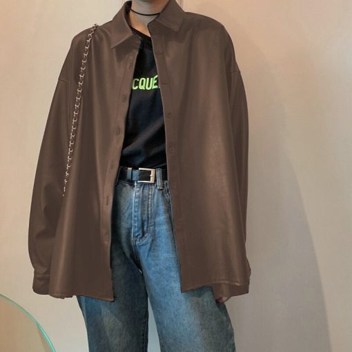 variant image1New chic Women oversized PU leather blouses 2022 Spring Autumn Black Faux Leather Basic Coat Turn