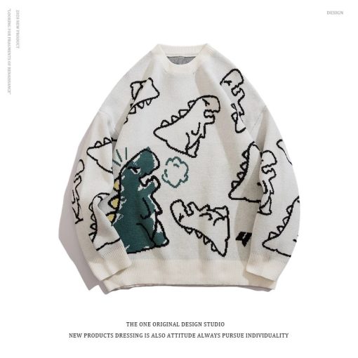variant image1O Neck Long Sleeve Women s Oversize Sweater Solid Dinosaur Printed Y2k Knitted Sweater Loose Casual
