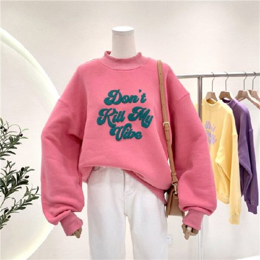 variant image1OUSLEE Korean Style Hoodies Women Sweatshirt Contrast Color Loose Plus Velvet Thick Embroidery Pullover Women s
