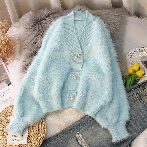 variant image1Pink Faux Mink Cashmere Sweater Coat Short Women s Cardigan Autumn Winter Puff Sleeve knitted jackets