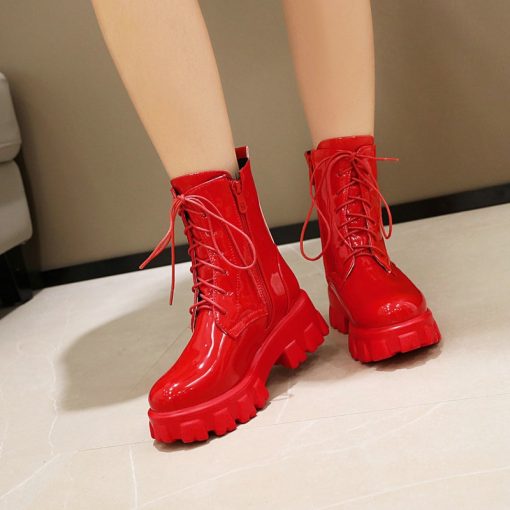 variant image1Red White Black Women Ankle Boots Platform Square Heel Ladies Ridding Boots Cross Tied Fashion Women