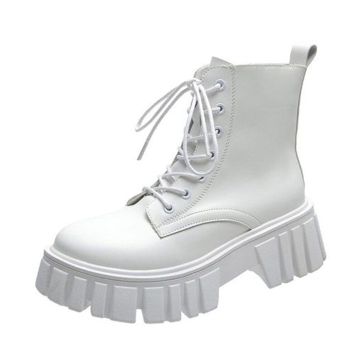 variant image1Rimocy 2022 New Women White Ankle Boots PU Leather Thick Sole Lace Up Combat Booties Female