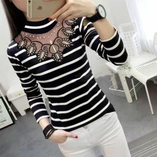 variant image1Spring Autumn Turtleneck Long Sleeved Slim T shirts Fashion New Hollow Out Striped Skinny Casual Trend