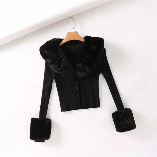 variant image1TVVOVVIN Winter Removable Rabbit Fur Collar Long Sleeve Screw Thread Knitting Short Cardigan Sweater For Women