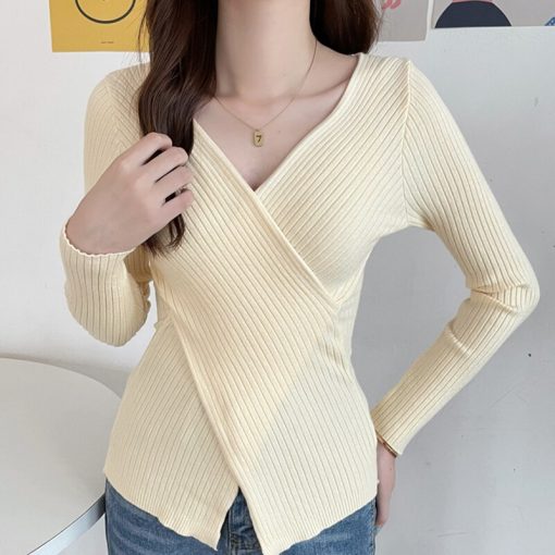 variant image1V Neck Women Crossed Cropped Sweater Female Long Sleeve 2021 New Autumn Solid Knitted Slim Ladies